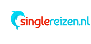 Logo for Singlereizen.nl featuring a blue dolphin and red and blue text.
